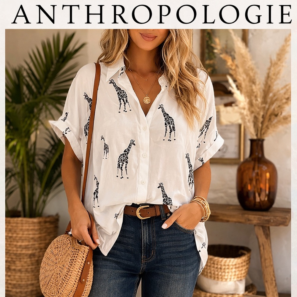 Anthropologie Jane & Delancey Giraffe Safari Button Shirt Rayon Blouse, Size XL